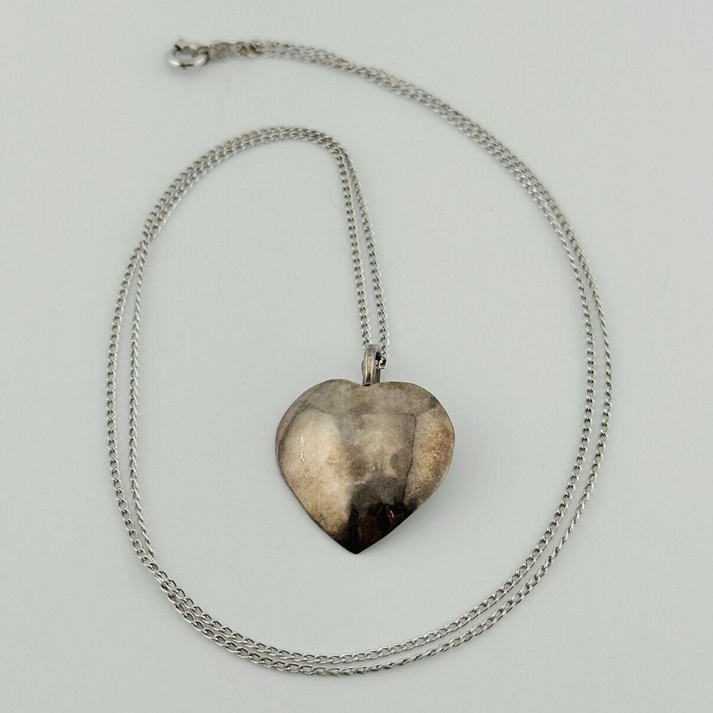 Vintage Domed Sterling Silver Signed Chain Necklace Heart Pendant Charm 12" Long